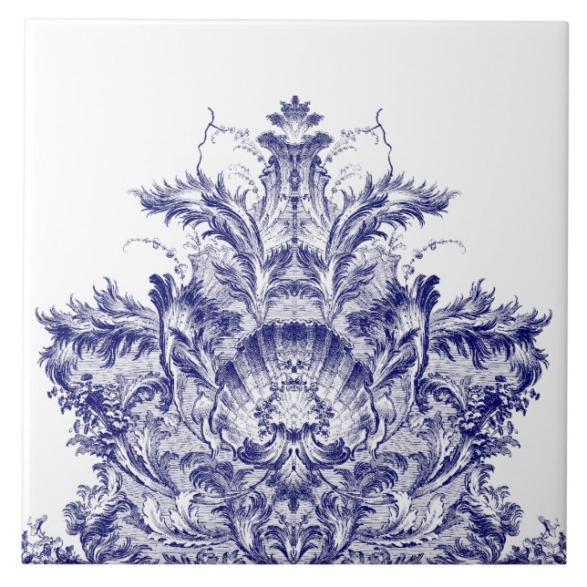 Carreau Rococo Baroque Bleu & Blanc Rocaille Shell Frieze (Devant)