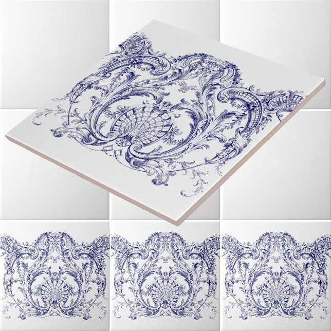 Carreau Rococo Cartouche Frieze Baroque Bleu & Blanc (Créateur téléchargé)
