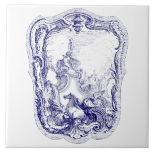Carreau Rococo Cartouche Mermaides Baroque Bleu & Blanc