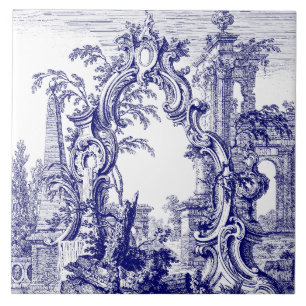 Carreau Rococo Cartouche Ruines Baroque Bleu & Blanc