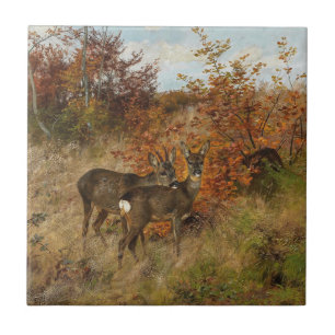 Carreau Roe Deer aux feuilles d'automne Faune Vintage