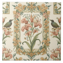 Carreau Romantic Vintage Lily Bird Art Nouveau Botanical