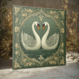 Carreau Romantic White Swan Couple Art Deco Pond Green Sea