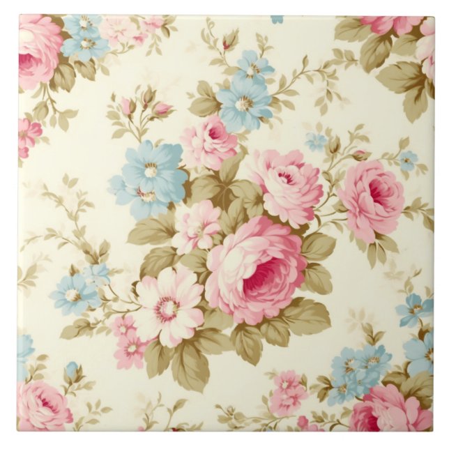 Carreau Romantique rose Rose anglais sur jaune pâle (Devant)