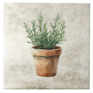 Carreau Romarin Pot d'Herbes Aquarelle Rustique