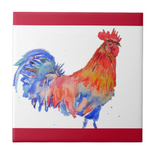 Carreau Rooster Aquarelle Rouge Jaune Bleu Poulet