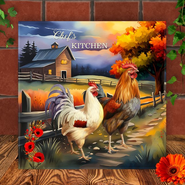Carreau Rooster d'art raffiné Ferme Carrelage de cuisine (Kitchen tile featuring a colorful fine art painting of a rooster and chicken)