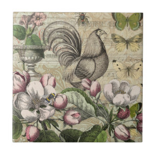 Carreau Rooster Garden Flower Papillon Art