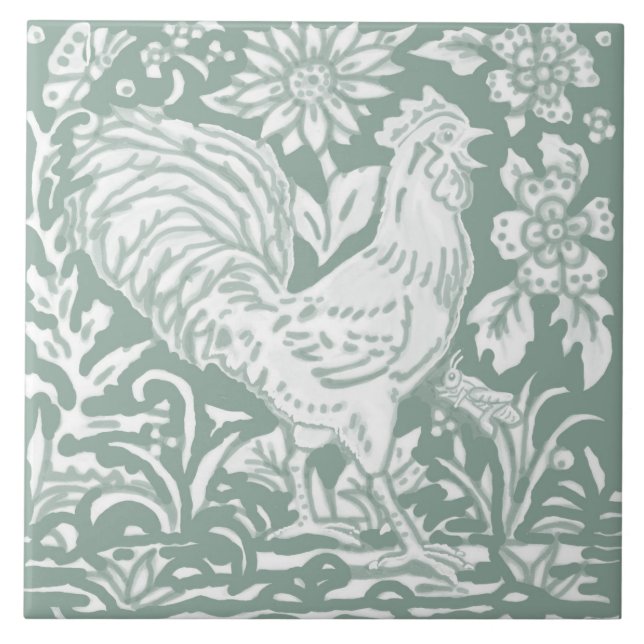 Carreau Rooster Sage Green Garden Scène Papillon de poulet (Devant)
