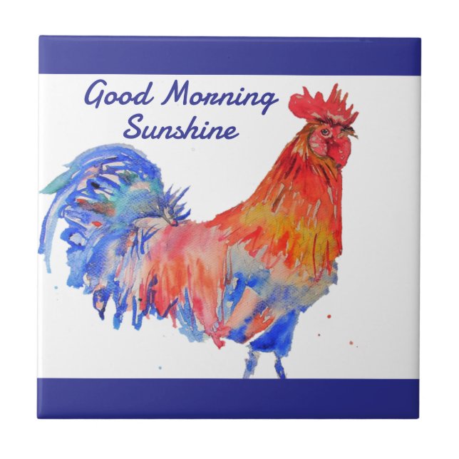 Carreau Rooster Watercolor Red Blue Chicken Sunshine (Devant)