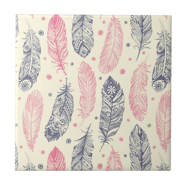 Carreau Rose et motif ethnique pourpre de plume (Devant)