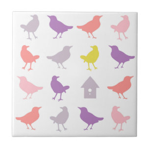 Carreau Rose et oiseaux en pastel pourpres avec la volièr