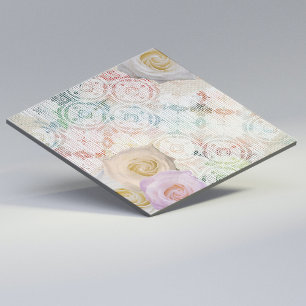 Carreau Rose Fleurit Sur Dentelle De Linge Antique Vintage