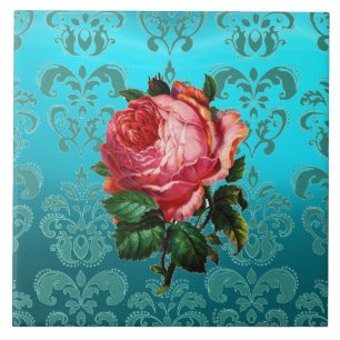 Carreau ROSE ROSE SUR DAMAS BLEU TEINTÉ Floral