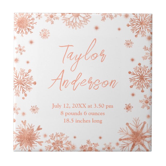 Carreau Rose Snowflakes Gold sur White Birth Stats (Devant)