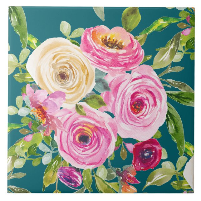 Carreau Roses aquarelle en rose et rouge sur Turquoise (Devant)