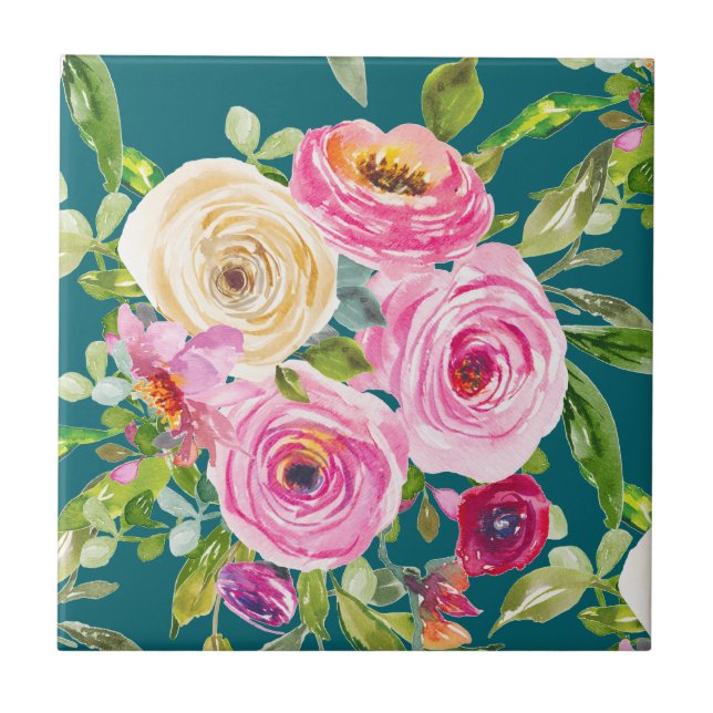 Carreau Roses aquarelle en rose et rouge sur Turquoise (Devant)