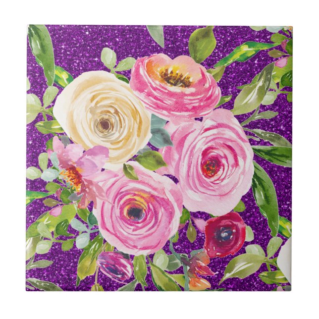 Carreau Roses d'aquarelle en Parties scintillant rose et c (Devant)