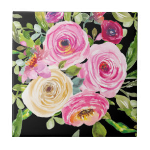 Carreau Roses d'aquarelle en rose et crème sur noir