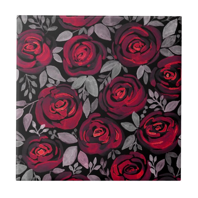 Carreau Roses d'aquarelle, roses rouges sur noir (Devant)