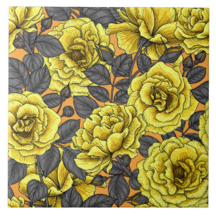 Carreau Roses jaunes avec feuilles gris sur orange