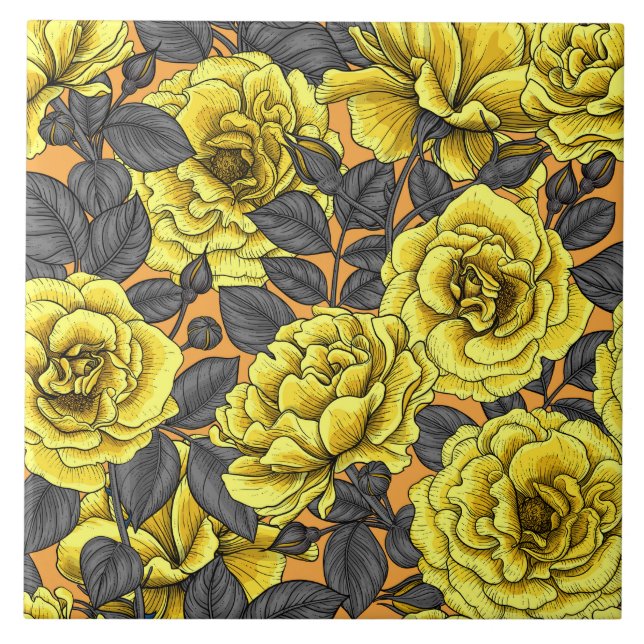 Carreau Roses jaunes avec feuilles gris sur orange (Devant)