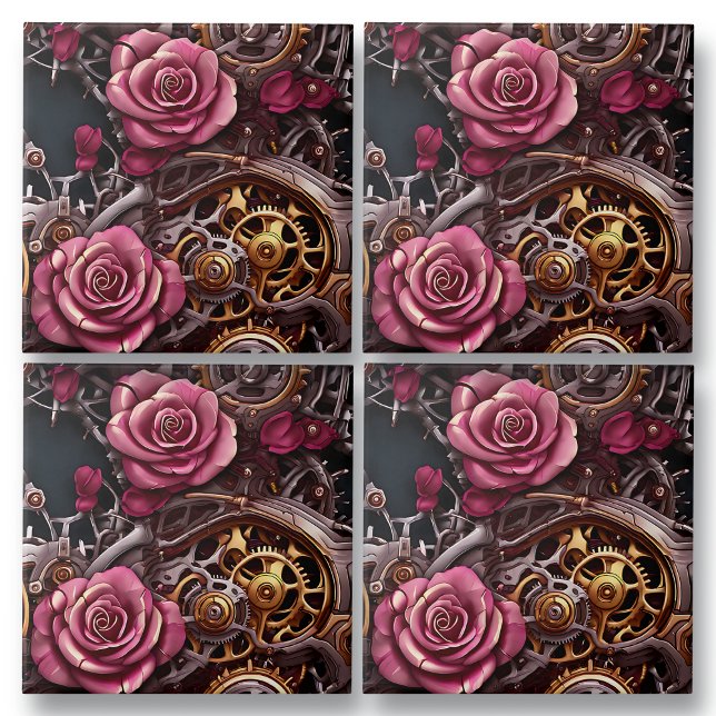 Carreau Roses roses roses et engrenages métalliques Steamp (Créateur téléchargé)