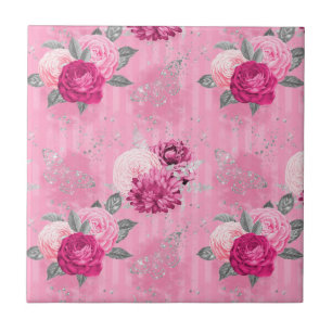 Carreau Roses roses roses et Parties scintillant d'argent 