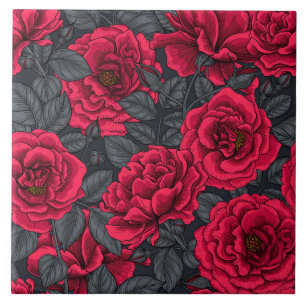 Carreau Roses rouges avec feuilles gris sur noir