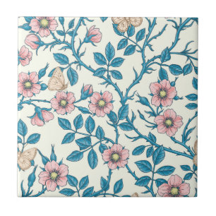Carreau Roses sauvages et papillons /rose/bleu/blanc cassé