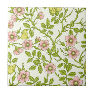 Carreau Roses sauvages et papillons /rose/vert pâle/jaune