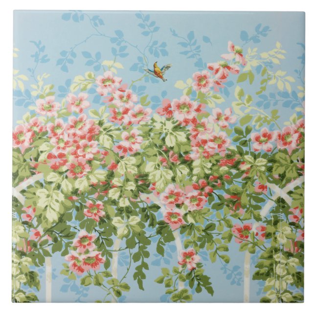 Carreau Roses SAUVAGES, FEUILLES VERTS, OISEAU VOLANT DANS (Devant)