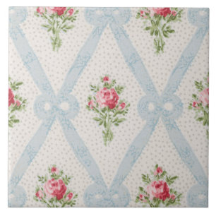 Carreau Roses victoriens roses avec treillis à ruban bleu