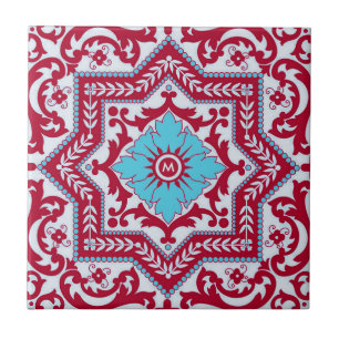 Carreau Rouge bleu céramique Azulejo Vintage Monogramme