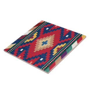 Carreau Rouge Bleu Vert Jaune Blanc Oriental Kilim Rug