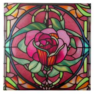 Carreau Rouge Bourgogne Rose Floral Vitrail Style