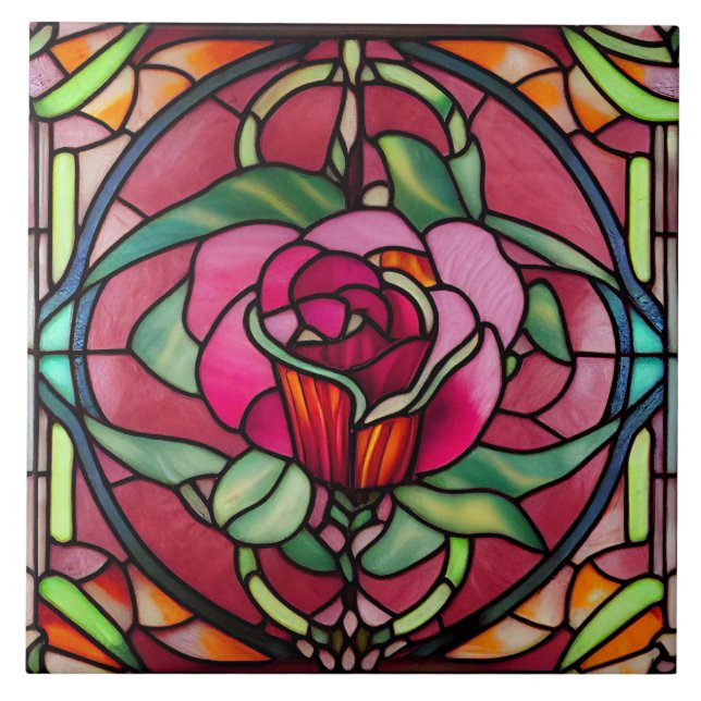 Carreau Rouge Bourgogne Rose Floral Vitrail Style (Devant)