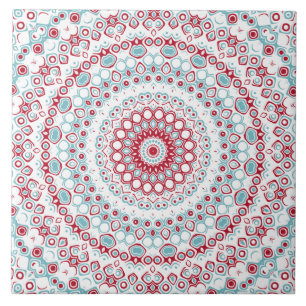 Carreau Rouge et Turquoise Fleur Mandala Design