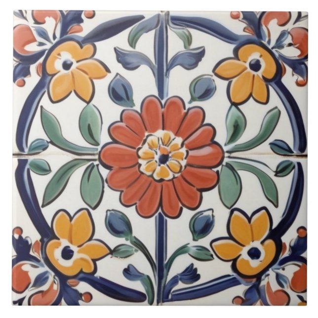 Carreau Rouge méditerranéen Jaune et bleu marine Fleur Flo (Devant)