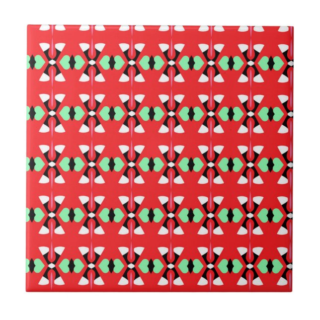 Carreau rouge turquoise mur vert murale motif ornemental (Devant)