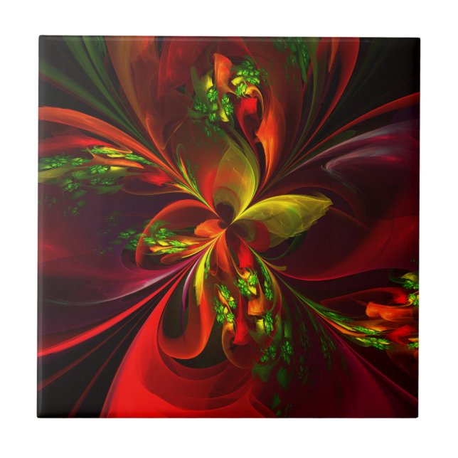 Carreau Rouge vert moderne Floral Abstrait Art Motif #05 (Devant)