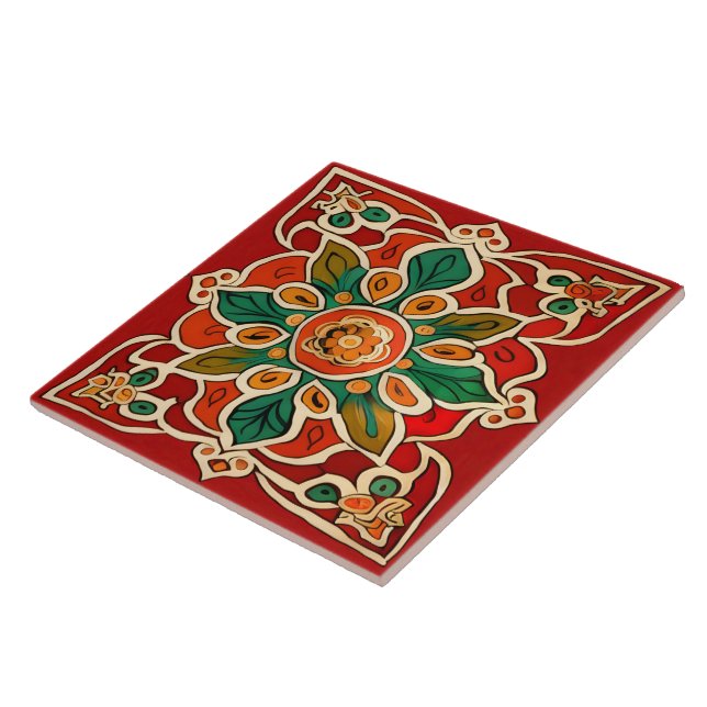 Carreau Rouge Vert Orange Jaune Azulejos Motif Floral (Côté)