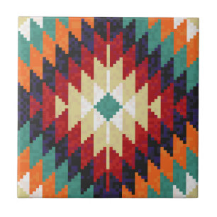 Carreau Rouge vert orange jaune noir blanc oriental Kilim