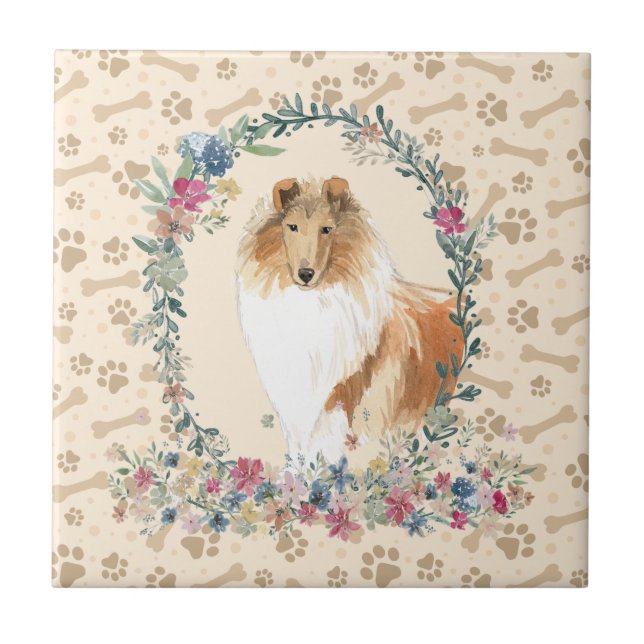 Carreau Rough Collie Chien Empreinte de patte Floral Cute  (Devant)