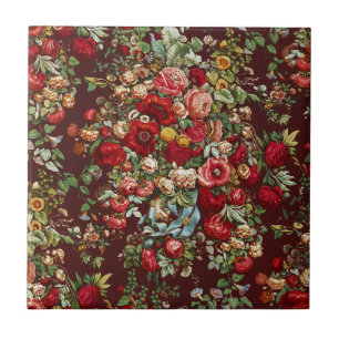 Carreau Ruban à motif floral de rose victorienne bordeaux
