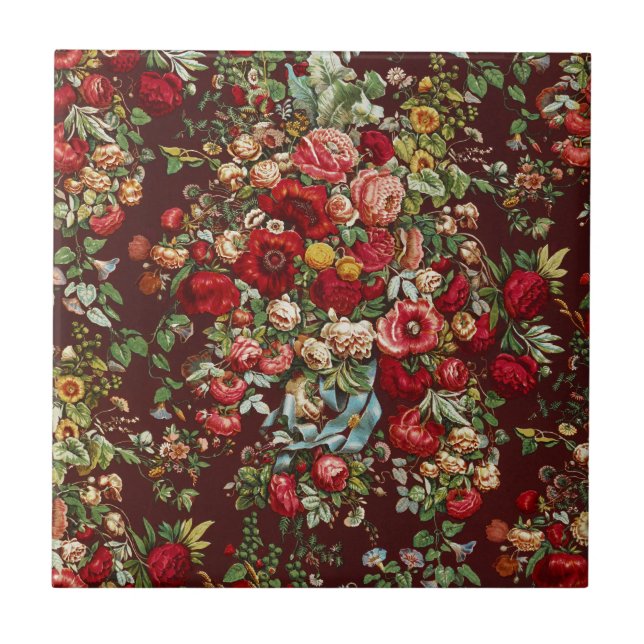 Carreau Ruban à motif floral de rose victorienne bordeaux  (Devant)