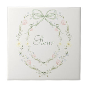 Carreau Rubans Fleuris Fleur Pastel Français Vintage 