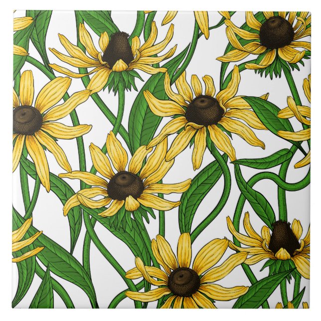 Carreau Rudbekia jaune sur blanc (Devant)