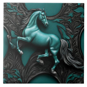 Carreau Russe Cowboy Western Pays Black Turquoise Horse