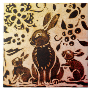 Carreau Rust Gold Brown Rabbit Floral Automne Feuilles Bat